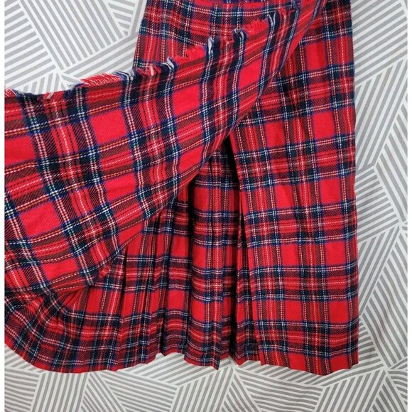 Vintage Pleated Tartan Plaid Wrap Skirt Size 6/8 26" Fringe Midi Long Red Long - Picture 3 of 7